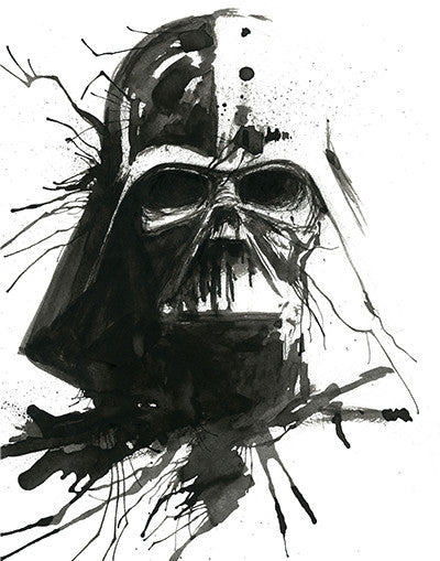 No. 37: Darth Vader's helmet and mask in black and gray washes, with splattered paint and drips on a white background.
