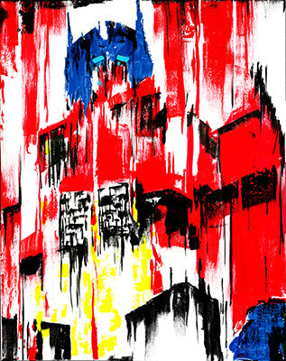 A red-and-blue robot with a blocky helmet and chest is fragmented into long vertical red, blue, yellow and white streaks.