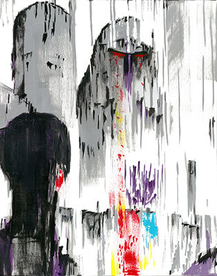 A gray robot with a red eye and dark arm is fragmented by long white, gray and purple vertical streaks.