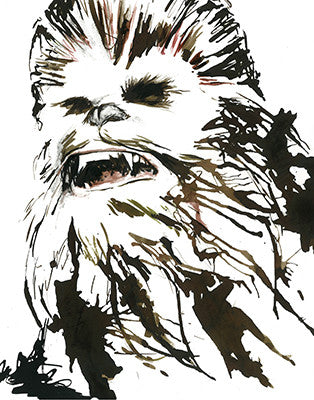 A roaring, shaggy brown-and-white creature's face fills the image, with fur breaking into bold black brushstrokes.