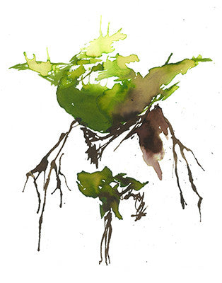 A small green, pointed-eared figure in a brown robe emerges from olive-green and brown paint splashes.