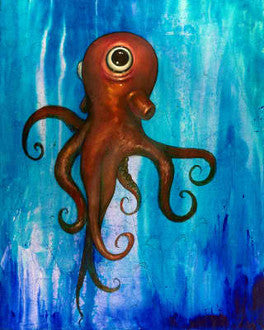 A wide-eyed orange octopus trails curling arms through a bright blue underwater background.