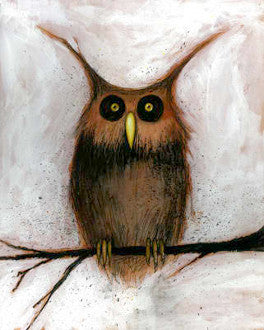 A brown owl with long pointed ear tufts and round yellow eyes perches on a thin branch against white.