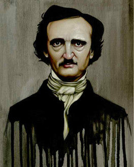 Portrait of Edgar Allan Poe in a black coat and pale cravat, with dark paint drips extending below his shoulders.