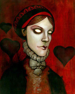 A pale queen with red hair, a black headdress and a jeweled collar appears against a red heart-patterned background.