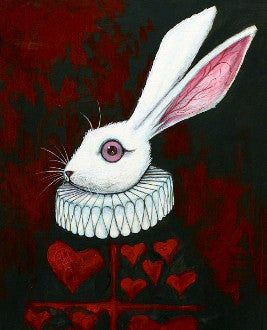 A white rabbit in profile wears a pleated white ruff and a black garment patterned with red hearts.