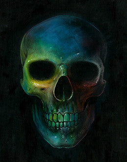 Front-facing human skull shaded in blue, green, yellow and red against a nearly black background.