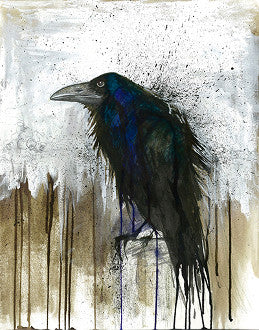A black raven with blue-green highlights perches in profile amid gray washes and long black paint drips.