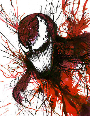 A red-and-black creature with large white eyes and a jagged toothy grin emerges from tangled paint splashes.