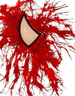 No. 03: close-up of Spider-Man's white eye and red webbed mask, formed from red and black paint splashes on white.