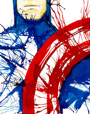 A blue-suited hero holds a round red-and-white shield; the cropped figure breaks into blue and red splatters.