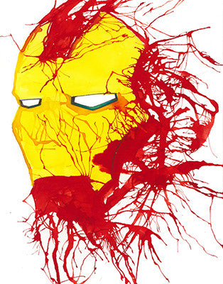 A close-up yellow armored face with narrow pale eyes is surrounded by red branching paint splashes.