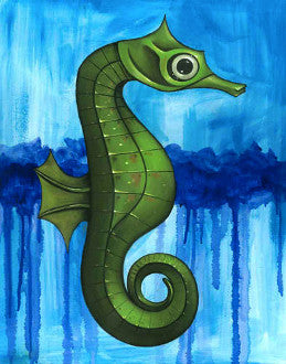 A segmented green seahorse with a curled tail and round eye floats against dripping blue water.