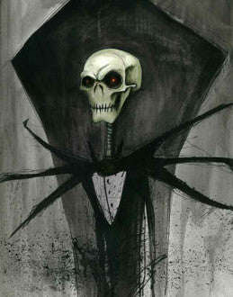 A pale skull with a red eye rises above a branching black suit and angular collar on gray.