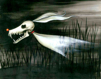 Ghostly white dog with a skull-like head, sharp teeth, long ears and a red nose glides through a dark landscape.