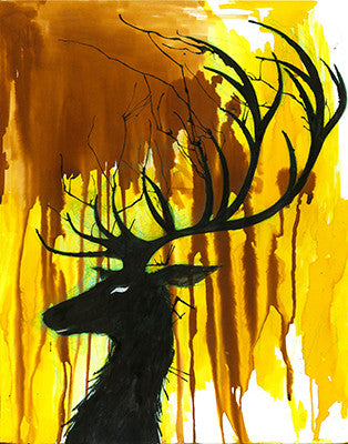 A dark stag in profile has enormous branching antlers against dripping golden yellow and brown paint.