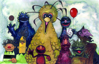 A group of brightly colored, distorted puppet characters gathers around a tall yellow bird beneath a cloudy sky.