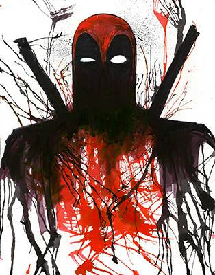 No. 13: Deadpool's red and black mask and shoulders, with white eyes and crossed swords, dissolve into paint splashes.