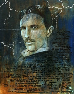 Portrait of Nikola Tesla against a dark blue background crossed by white lightning and handwritten notes.