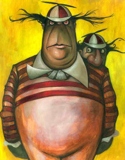 Tweedle Dee and Dum in striped shirts and propeller caps, one large figure in front of a smaller figure, against a yellow background.