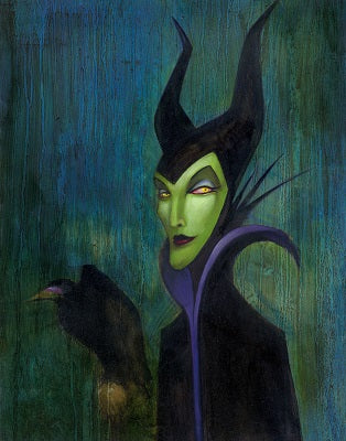 A green-skinned sorceress in a tall black horned headdress and purple collar holds a raven against dark blue-green.