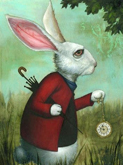 White Rabbit in a red coat holds a pocket watch, with an umbrella tucked behind his back in a green woodland setting.