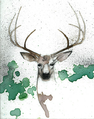 Front-facing whitetail deer with tall branching antlers, its head emerging from pale washes and green paint splashes.