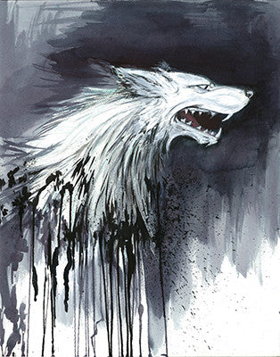 Snarling white wolf in side profile, its fur and neck dissolving into black and gray paint drips.