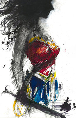 A windblown dark-haired heroine in red-and-gold armor and a blue skirt stands in profile holding a sword.