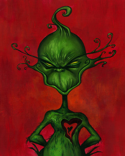 A narrow green creature with curling hair and a heart-shaped chest marking smirks against dark red.