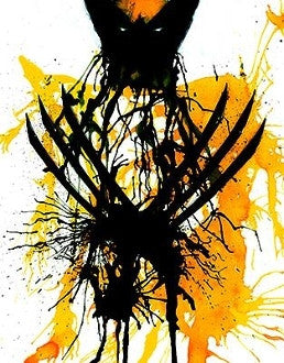A pointed black mask and crossed metal claws emerge from yellow, orange and black paint splatters.
